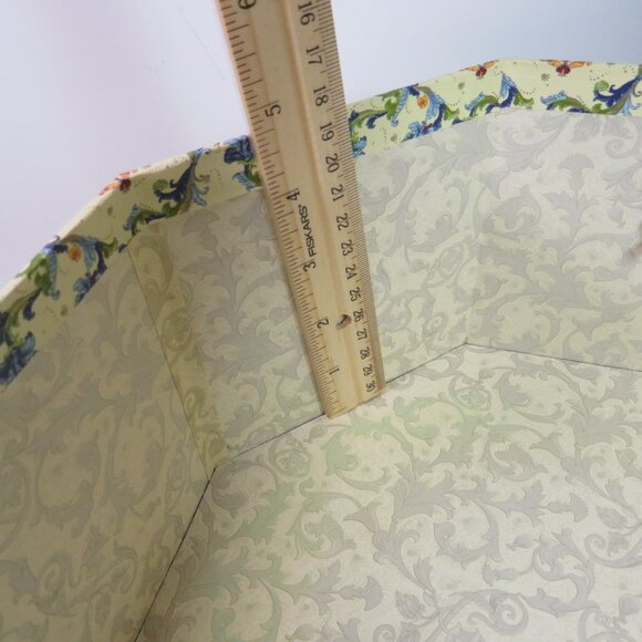 Floral Hexagon Hat Box Yellow & Blue 11 1/2" wide Storage Box with rope closure - Picture 6 of 11